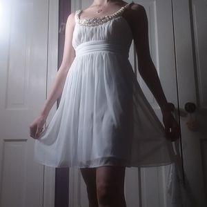 White Formal Midi Dress with Bead Neckline